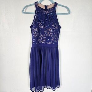 Royal Blue Lace‎ Sequin Halter Neck Fit Flare Dress Party Occasion size 3/4